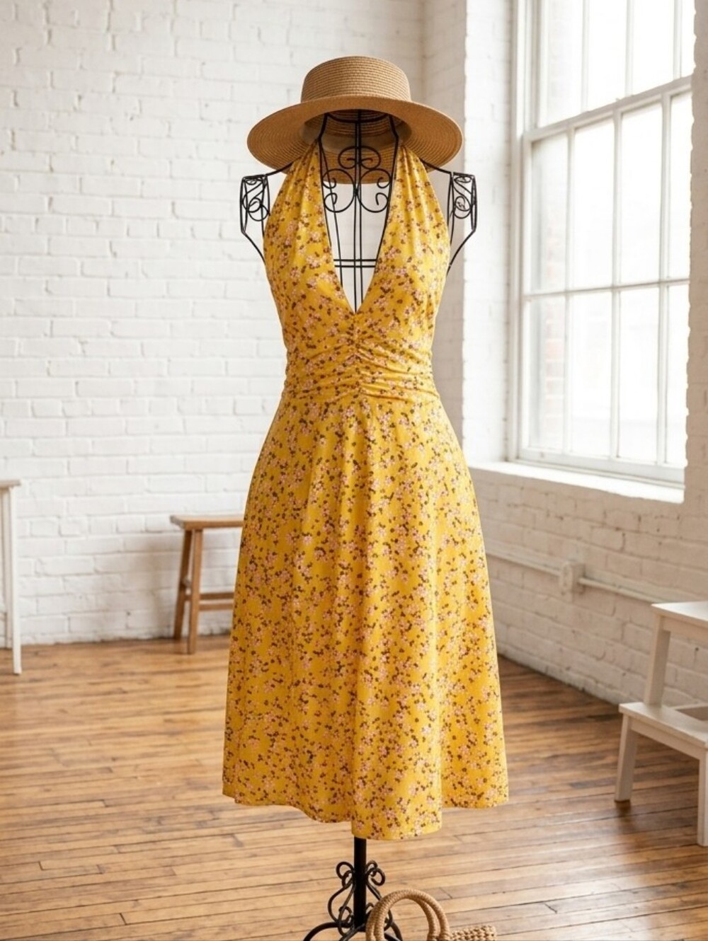 Floral Yellow Halter Midi Dress with Ruched Waist